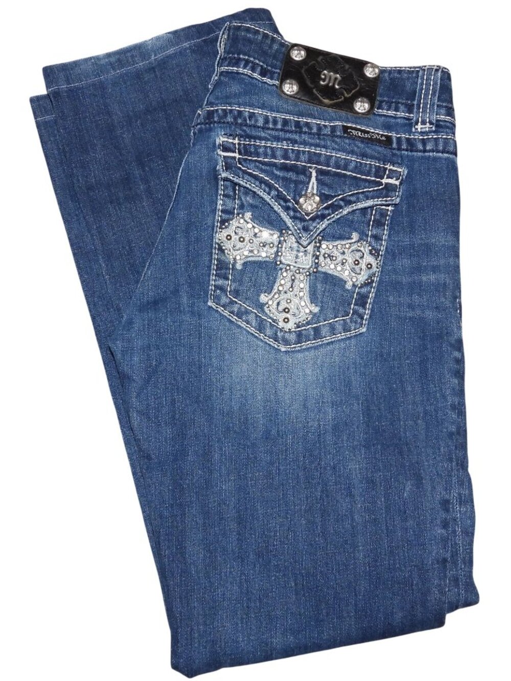 Miss Me Womens Embellished Distressed Boot Cut Cross Flap Pockets JP5046-4 Sz 30
